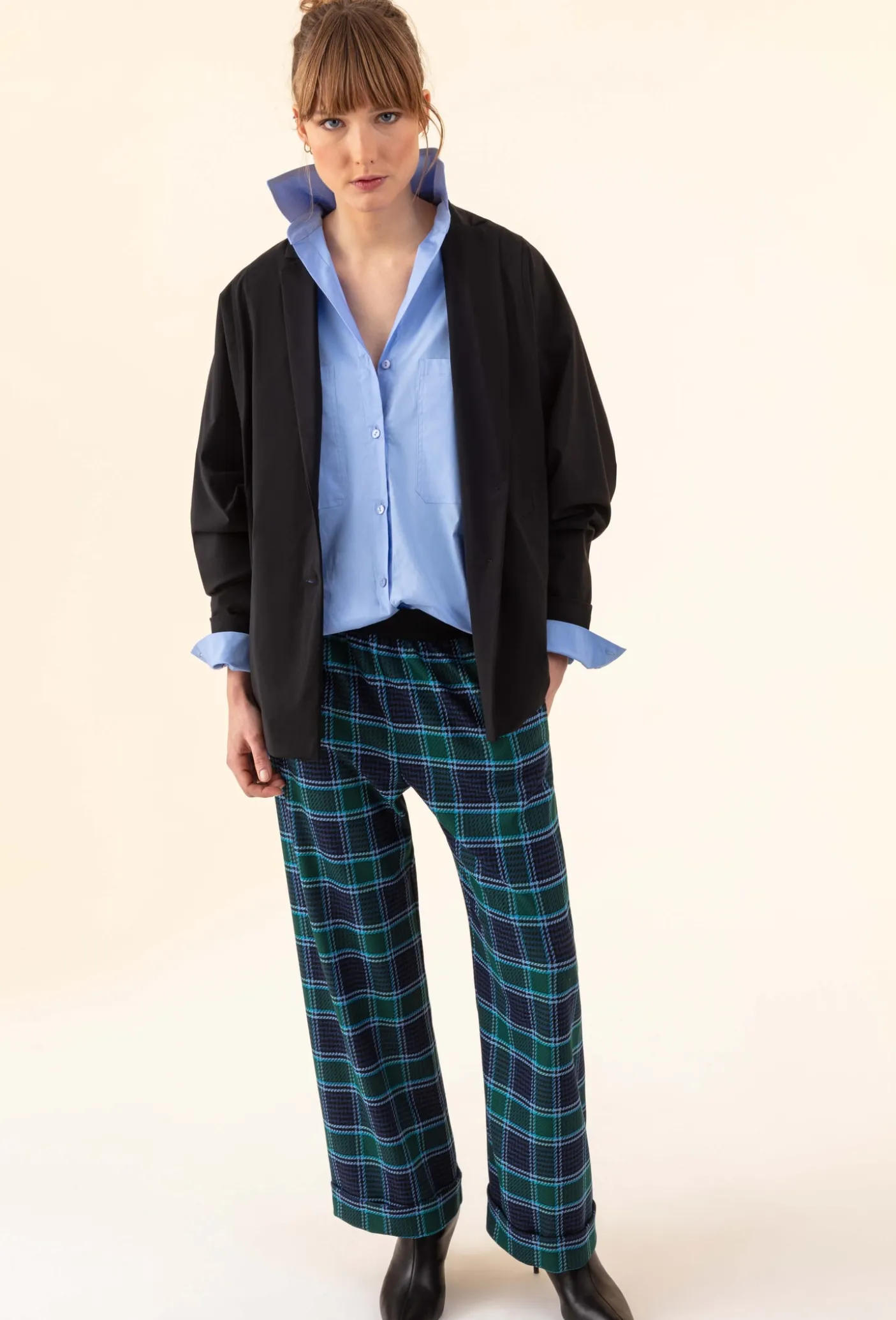 Pantalon large Axel imprimé tartan bleu